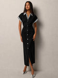 Chic Casual Denim Dress for Women with Roll-Up Short Sleeves and Waist Cinch 