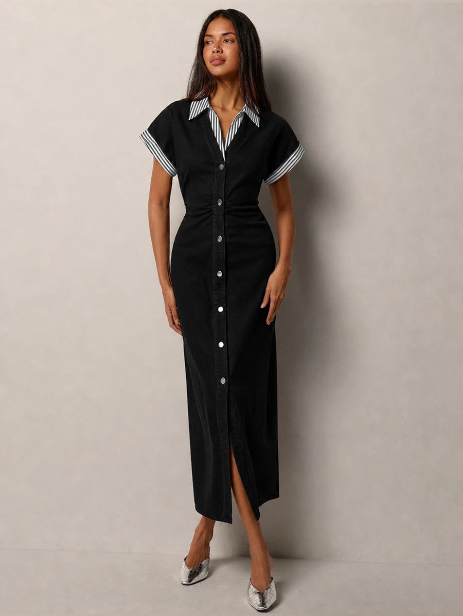 Chic Casual Denim Dress for Women with Roll-Up Short Sleeves and Waist Cinch 