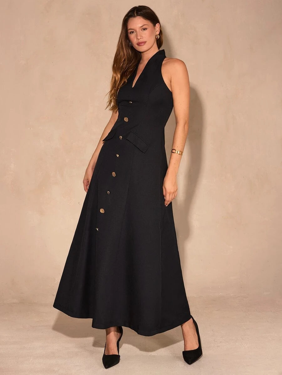 Angled front view of black sleeveless formal maxi dress with flared A-line skirt