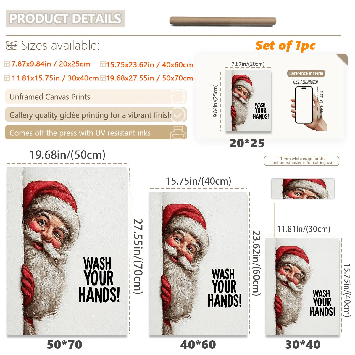 Canvas print size and material guide showing Santa artwork in several unframed dimensions