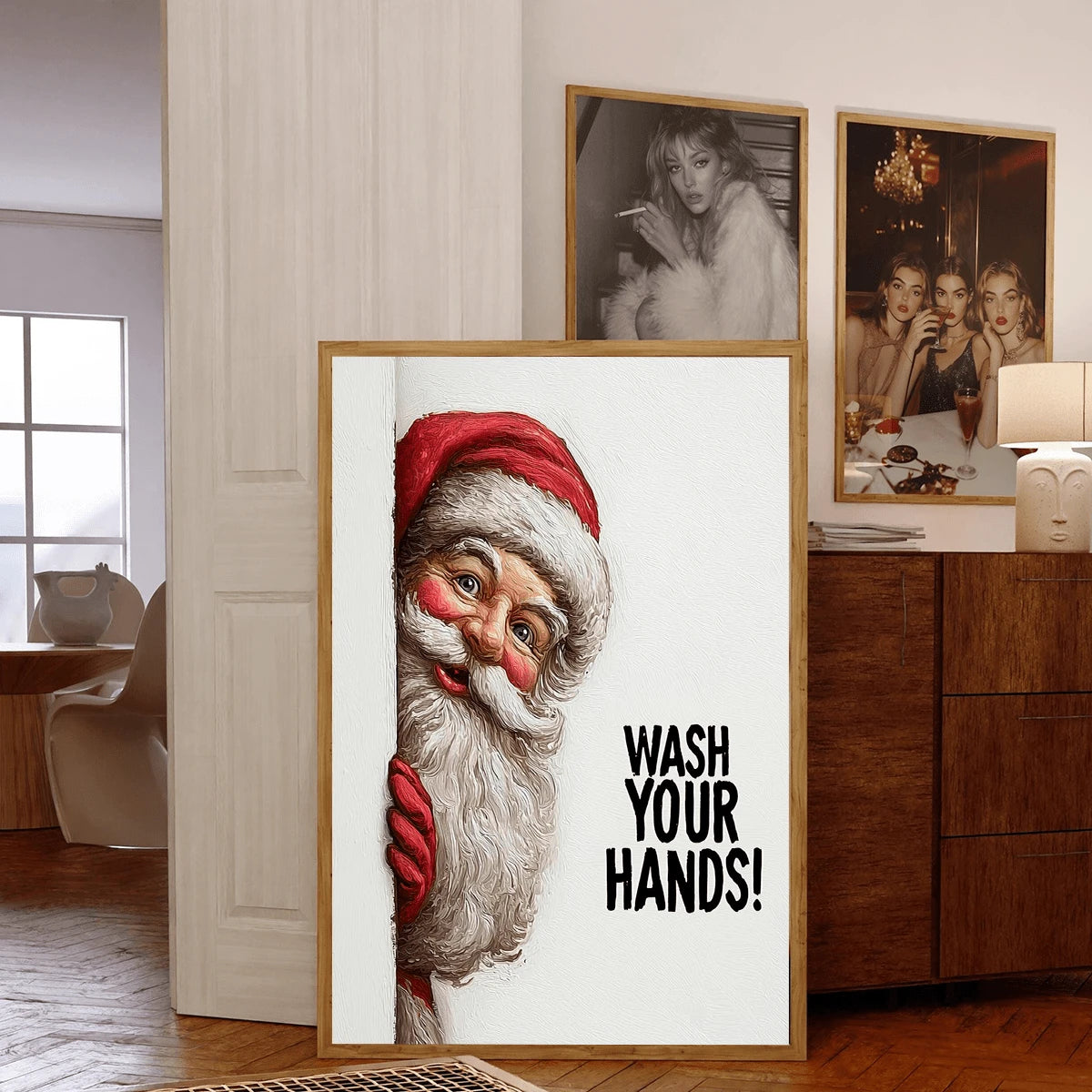 Framed Santa handwashing reminder canvas displayed in a warm neutral living room