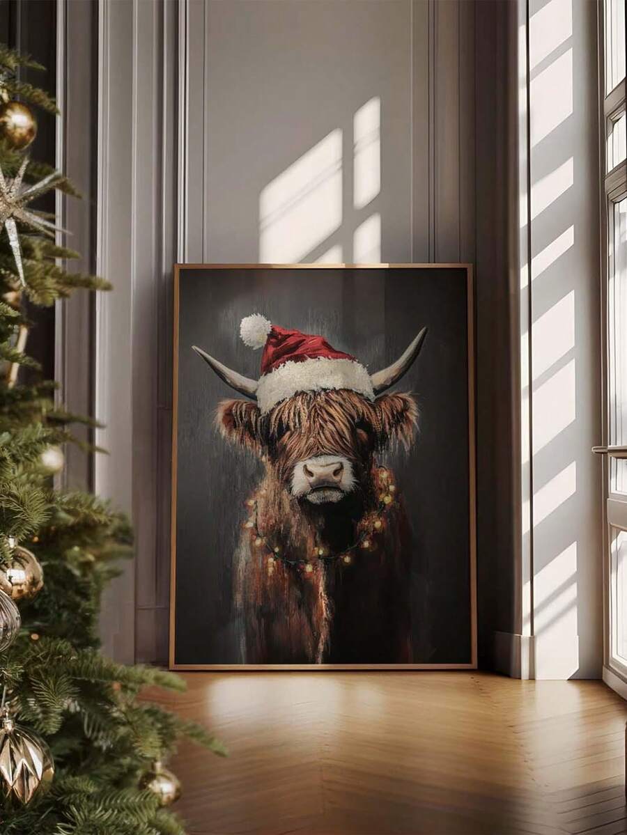 Vintage Christmas Highland Cow Canvas Wall Art with Santa Hat, Farmhouse Holiday Decor