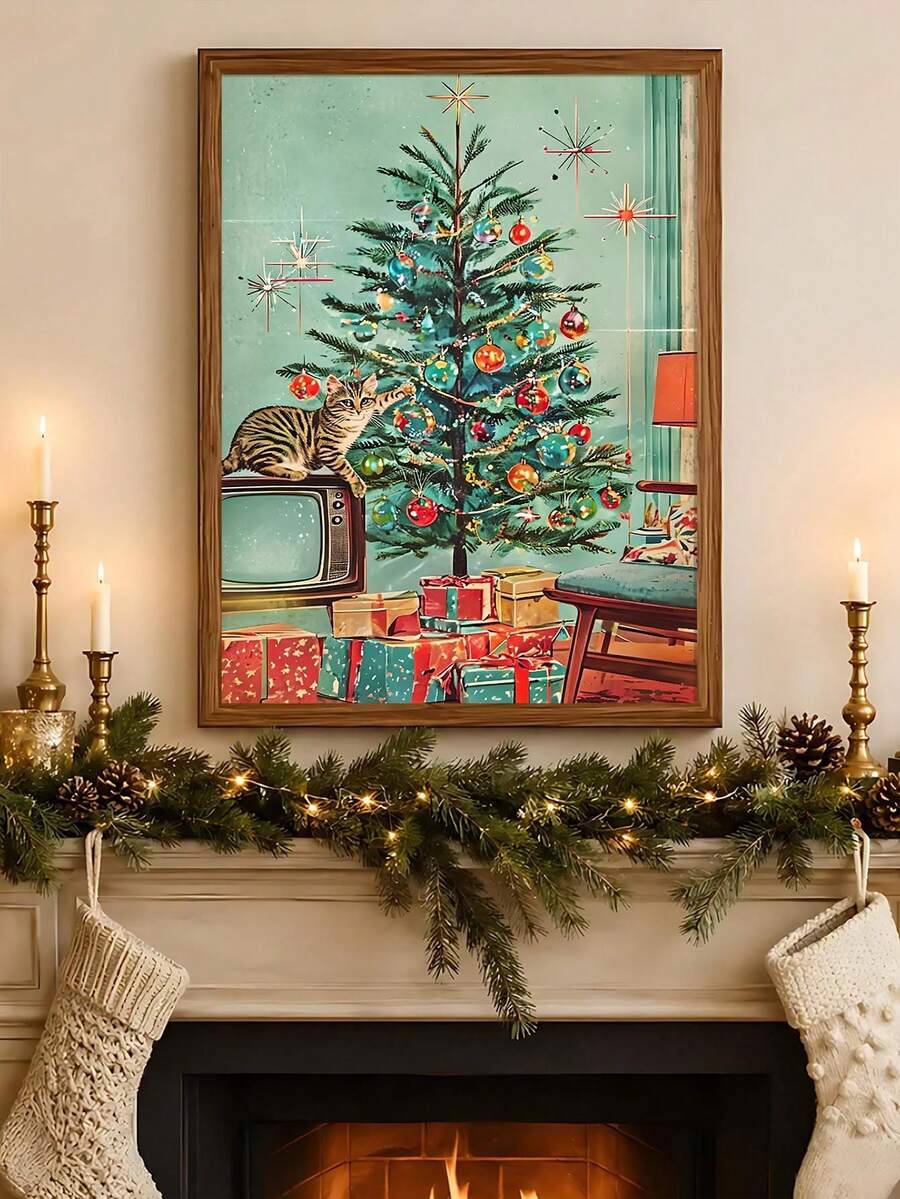 Decorate for the holidays with a Retro Christmas Cat Canvas Poster featuring vintage Santa and tree art, perfect for cat lovers and mid century homes.