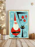 Retro Christmas Cat Wall Art, Mid Century Vintage Santa and Tree Canvas Print 