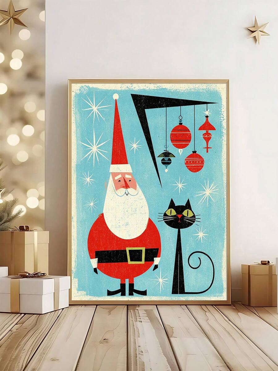 Retro Christmas Cat Wall Art, Mid Century Vintage Santa and Tree Canvas Print 