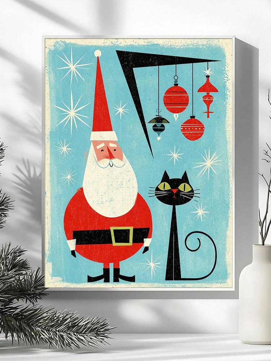 Decorate for the holidays with a Retro Christmas Cat Canvas Poster featuring vintage Santa and tree art, perfect for cat lovers and mid century homes.