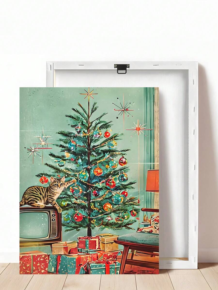 Decorate for the holidays with a Retro Christmas Cat Canvas Poster featuring vintage Santa and tree art, perfect for cat lovers and mid century homes.