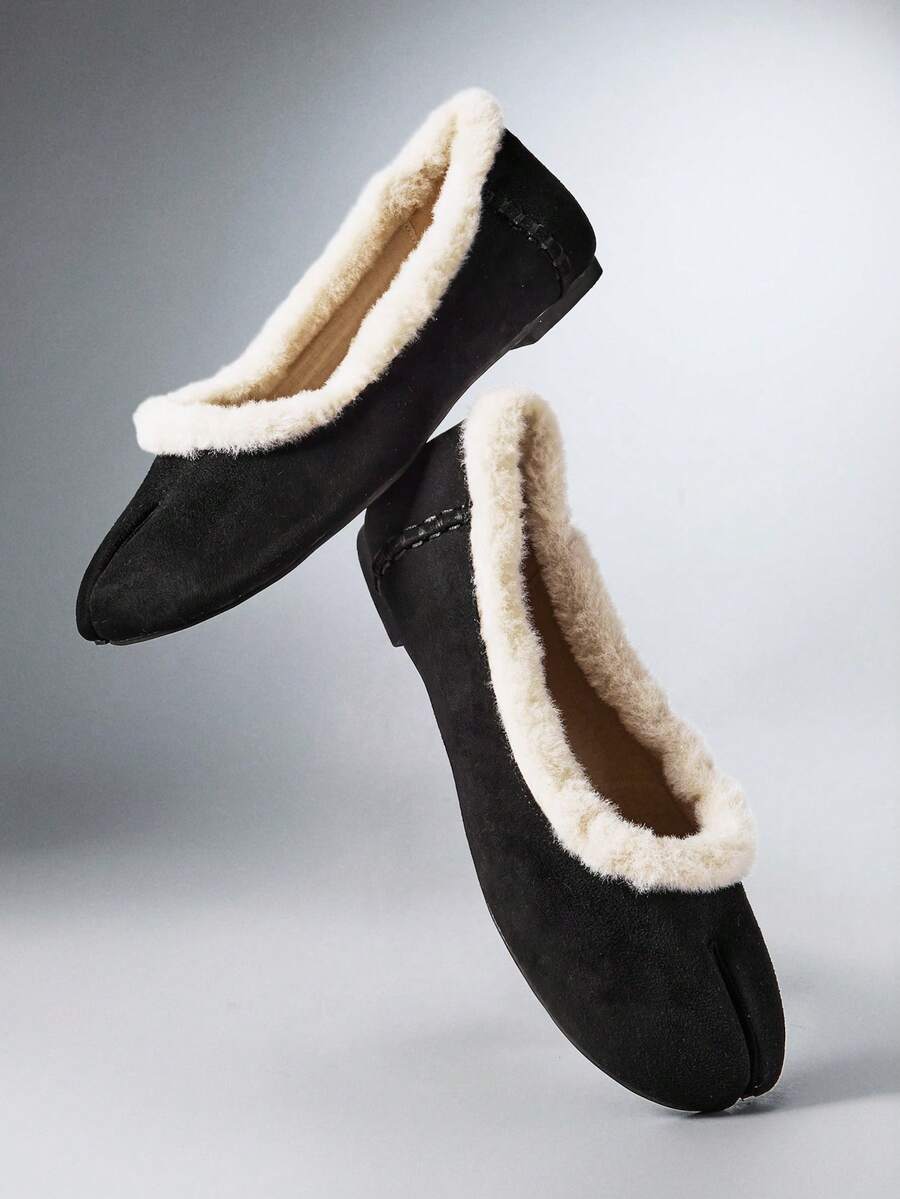 Black faux-suede split-toe flats with plush trim