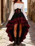 White off-shoulder bell-sleeve top with embroidered corset and black-burgundy layered high-low skirt