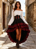 Front view of white off-shoulder dress look with bell sleeves, floral corset and tiered burgundy ruffles