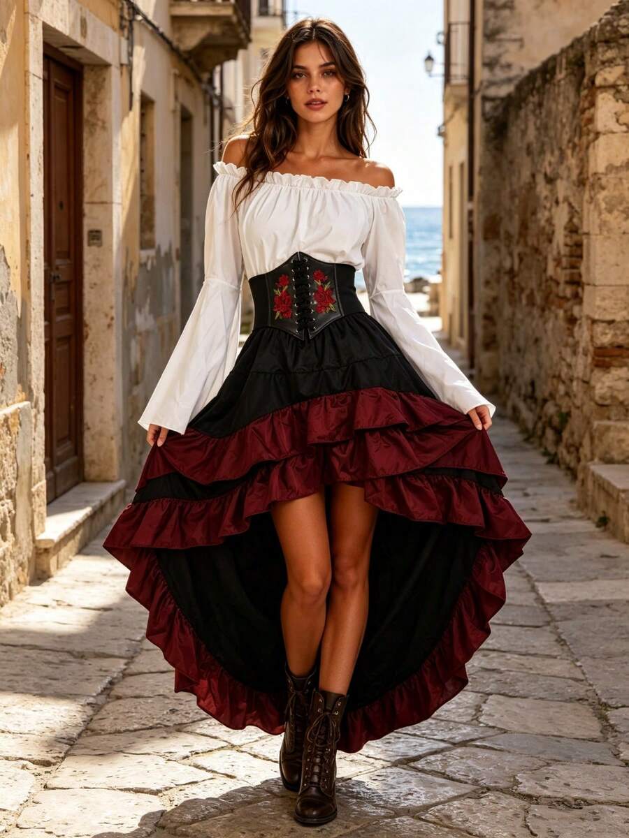 Front view of white off-shoulder dress look with bell sleeves, floral corset and tiered burgundy ruffles