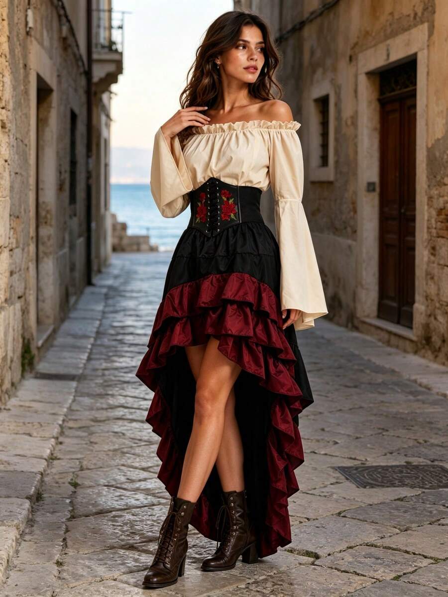 Apricot off-shoulder bell-sleeve top paired with embroidered black corset and burgundy ruffle skirt