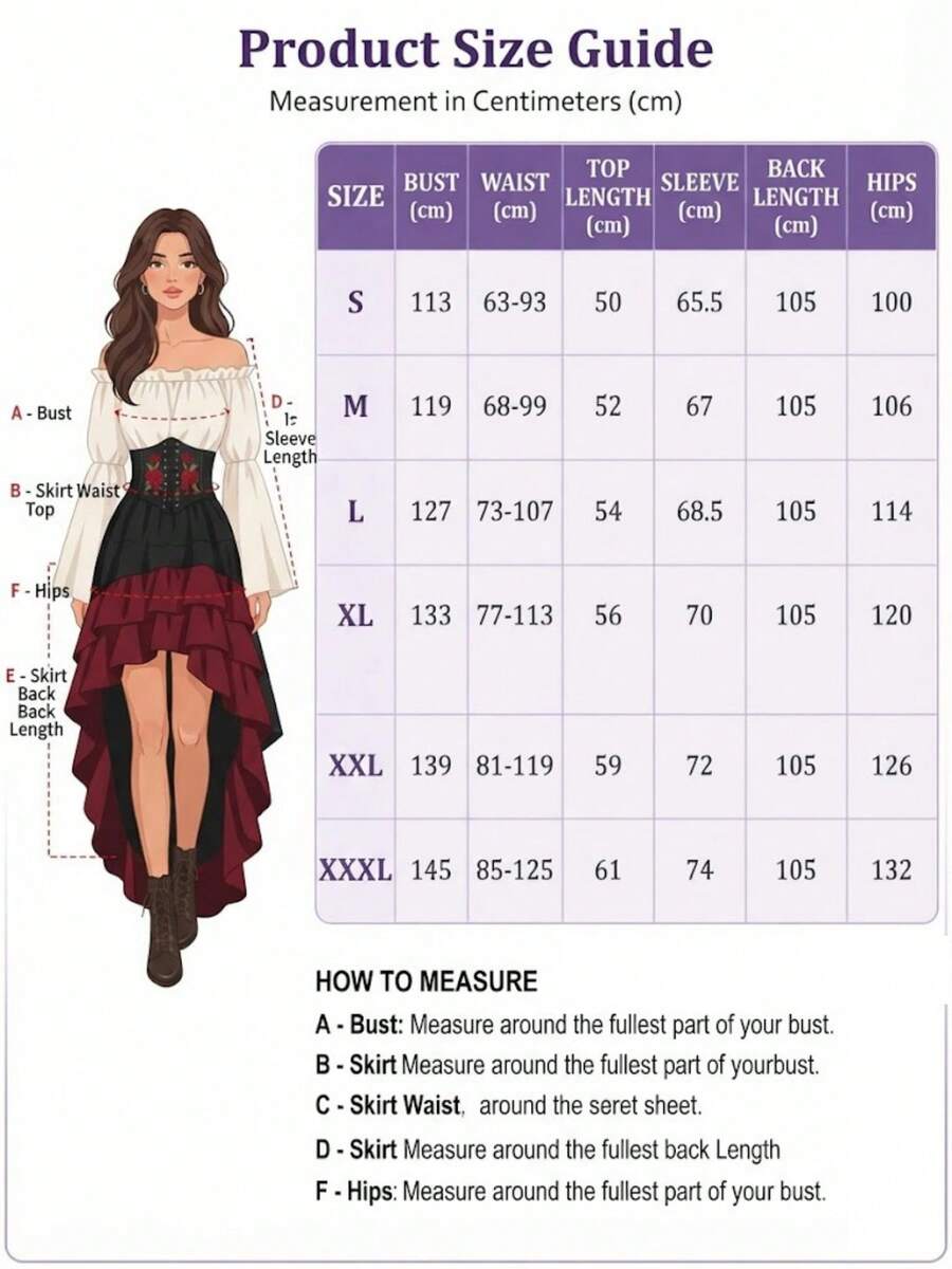 Dress size chart graphic showing illustrated black and burgundy ruffled high-low dress with measurement table