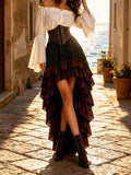 Full-length apricot blouse and black corset with black-and-burgundy high-low dress skirt