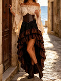 Close outfit view of apricot bell sleeves, black corset and burgundy ruffle tiers on the skirt