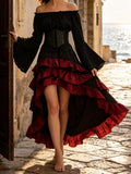White bell-sleeve blouse, dark corset waist and layered black-and-burgundy high-low dress, front view