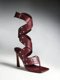 Burgundy studded spiral-wrap stiletto sandal with square toe