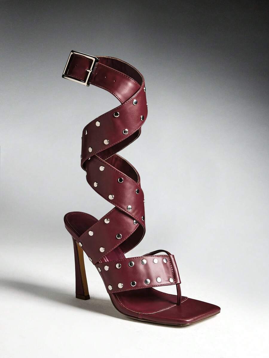 Burgundy studded spiral-wrap stiletto sandal with square toe