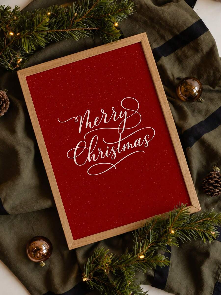 Angled view of red Christmas calligraphy canvas among evergreen branches and ornaments
