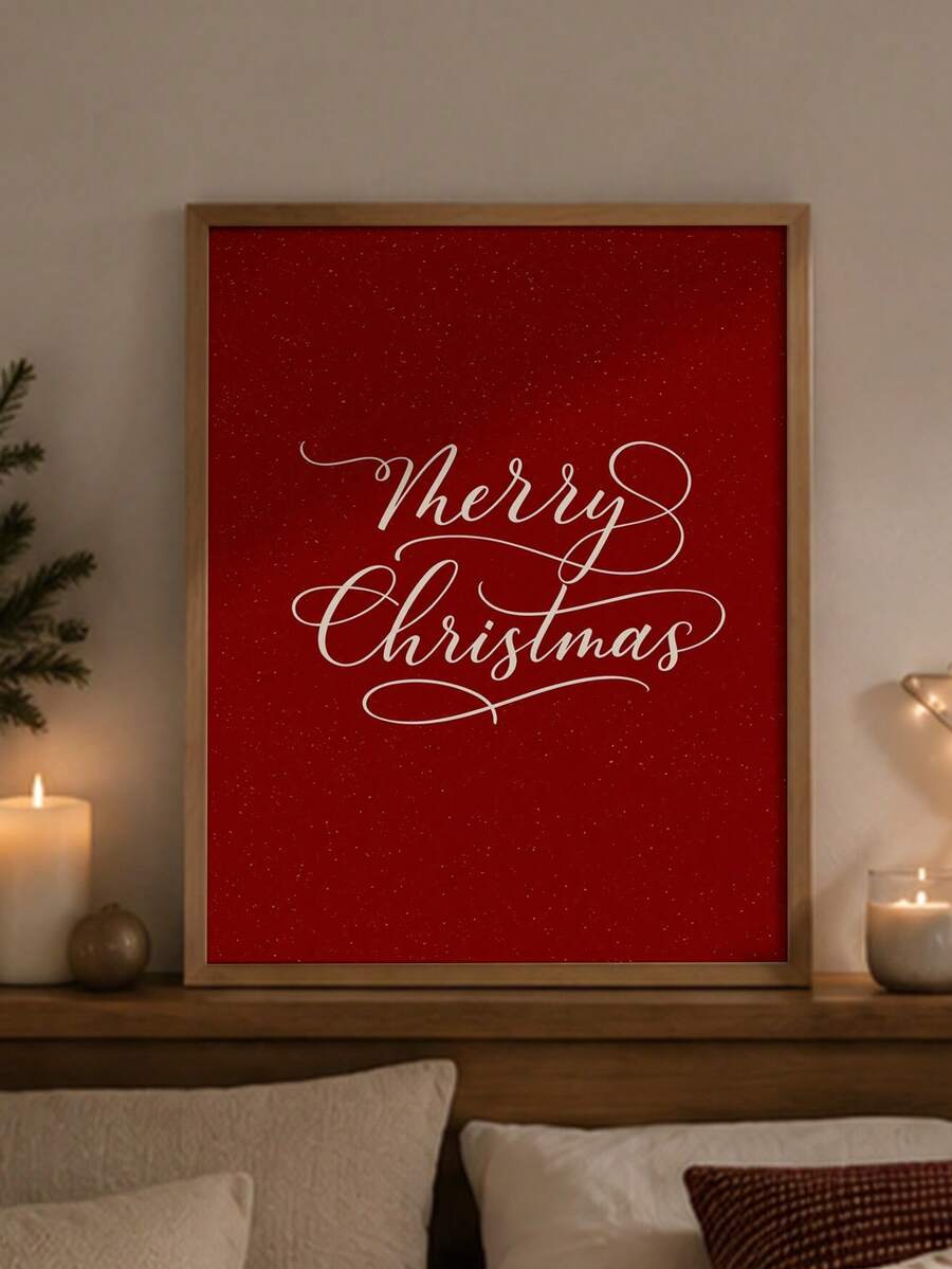 Straight-on view of red Merry Christmas script print displayed on a mantel with candles and holiday greenery