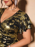 Close-up showing the metallic gold pattern and flutter sleeve detail