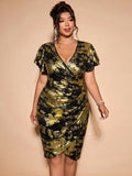 Front view of V-neck black and gold wrap dress with layered ruffle sleeves