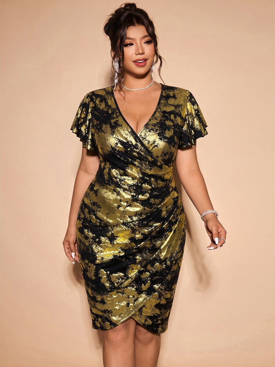 Front view of V-neck black and gold wrap dress with layered ruffle sleeves