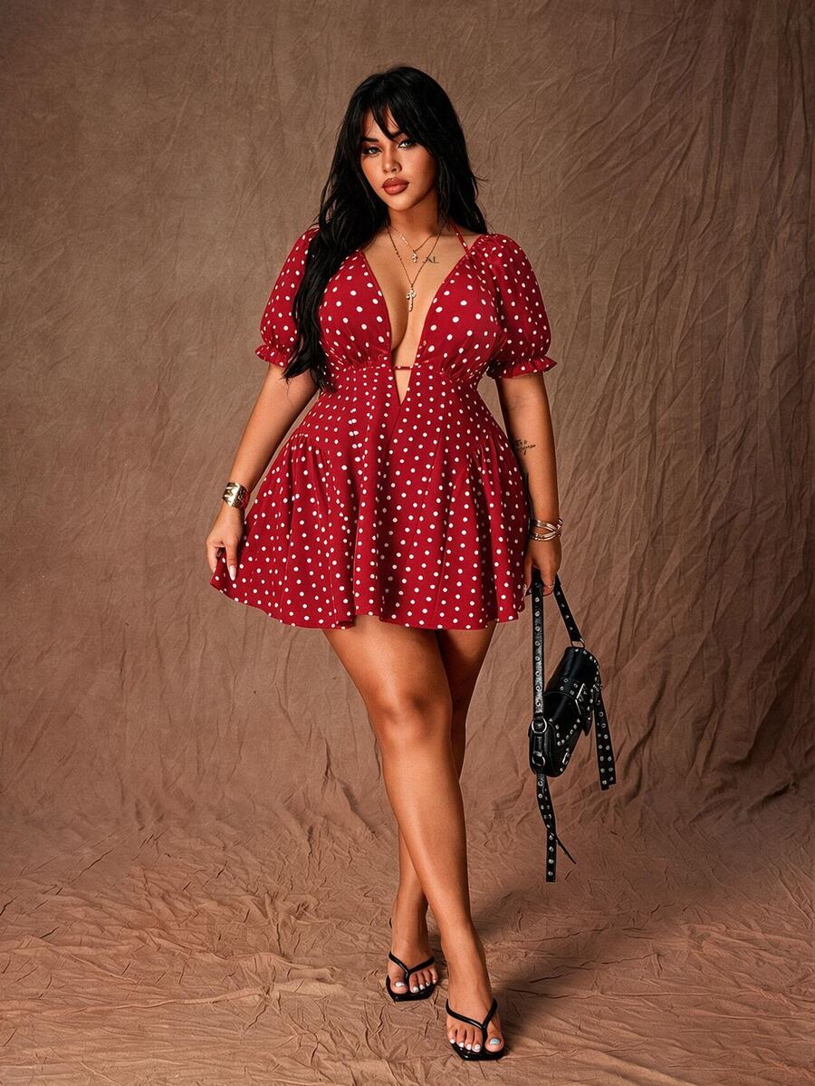 Full-length view of red polka-dot mini dress with V-neck, cinched high waist and flared skirt