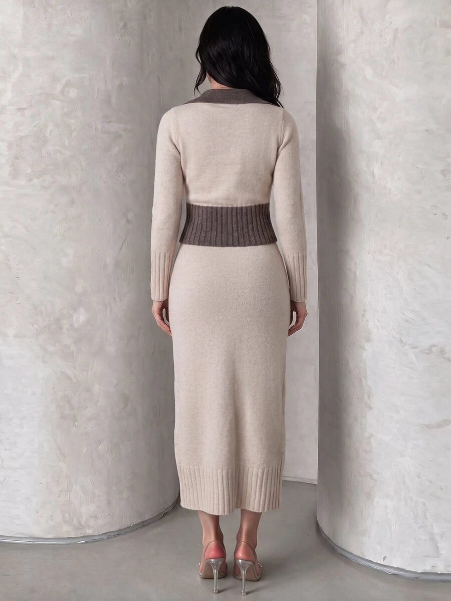Front mirror view of beige knit top and midi skirt set with dark contrast collar and ribbed waist