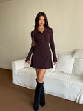 Full-length styling view of dark brown collared mini dress with flared cuffs and skirt