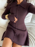 Detail view of flared rib-knit sleeve cuff and raw edge on brown mini dress