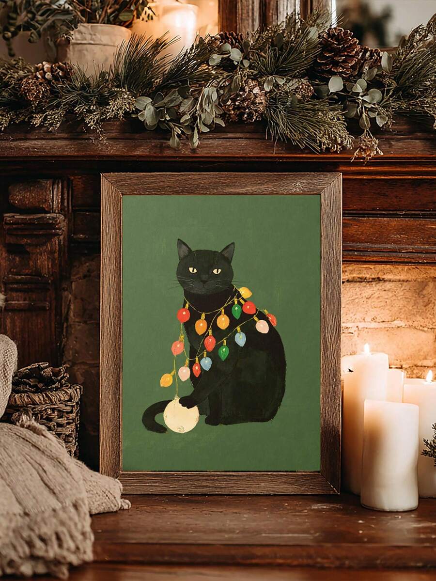 Portrait view of black cat Christmas canvas print in gold frame beside a houseplant