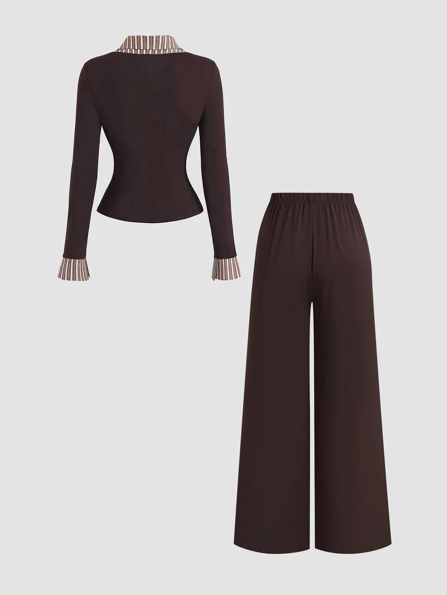 Front view of dark brown two-piece set with draped top, striped collared inset and wide-leg pants