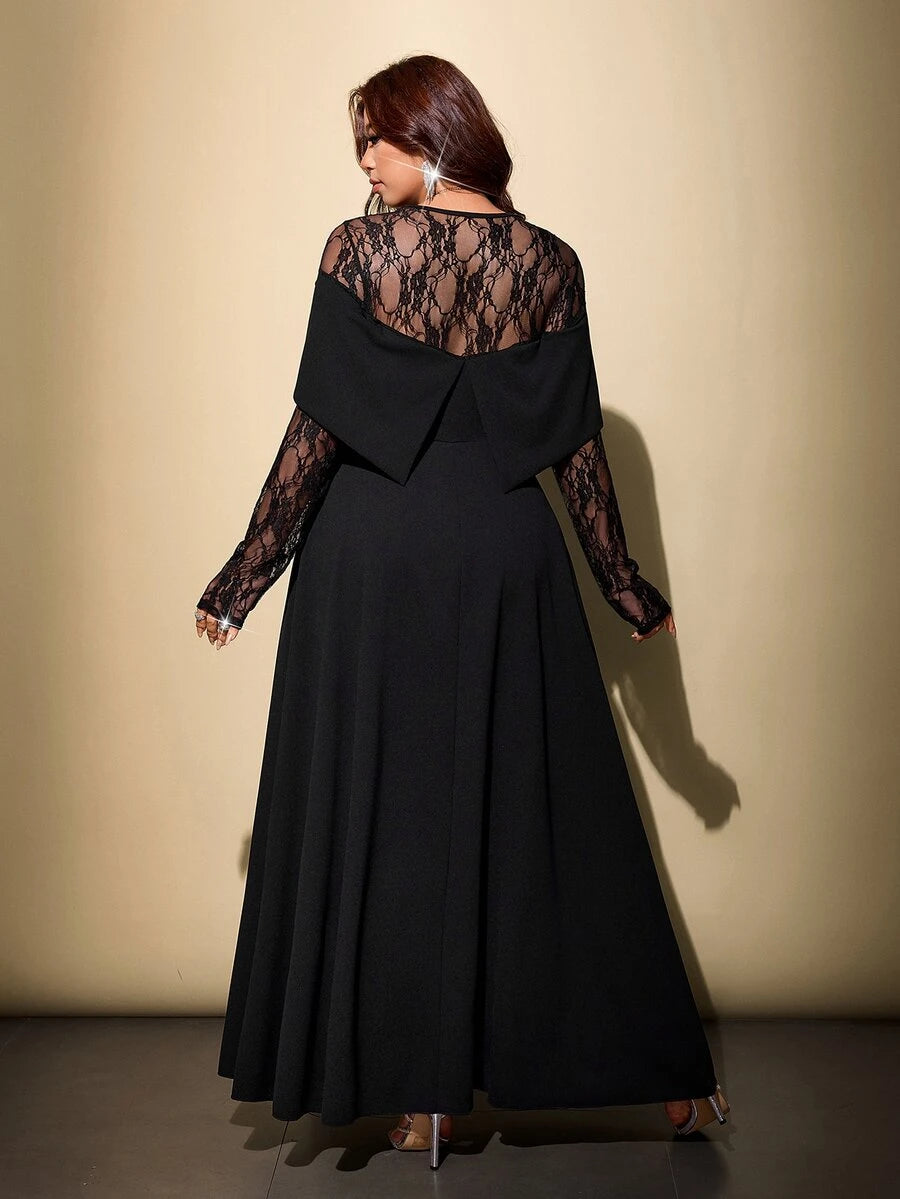 Plus Size Black Lace Cape Maxi Dress for Formal Events – CANARY
