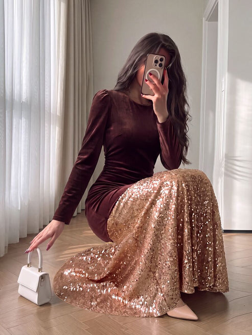 Autumn and winter velvet sequin patchwork evening dress with an asymmetrical hem