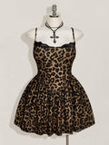 Front view of leopard cami dress with fitted bodice, lace-trimmed neckline and flared hem