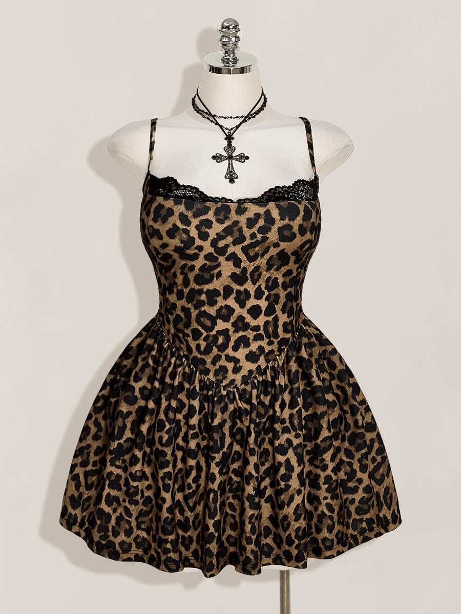 Front view of leopard cami dress with fitted bodice, lace-trimmed neckline and flared hem
