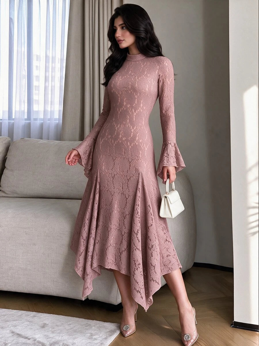 Angled front view of the fitted floral lace dress with long bell sleeves and flared asymmetrical skirt.