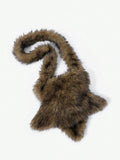 Isolated view of brown plush star-shaped bag with long curved faux-fur shoulder strap