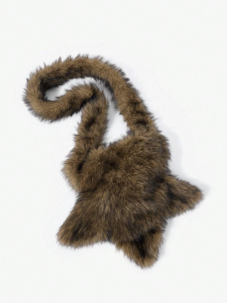 Isolated view of brown plush star-shaped bag with long curved faux-fur shoulder strap