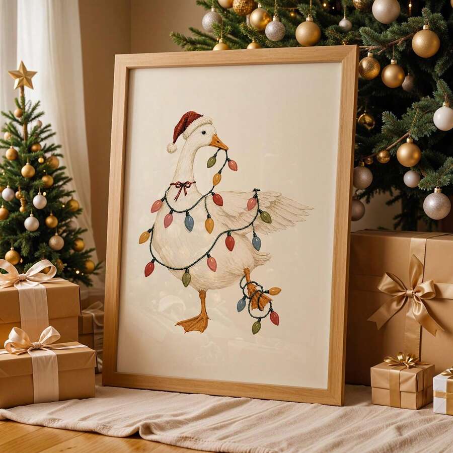 Framed view of cream Christmas goose canvas wall art with colorful lights beside a decorated tree