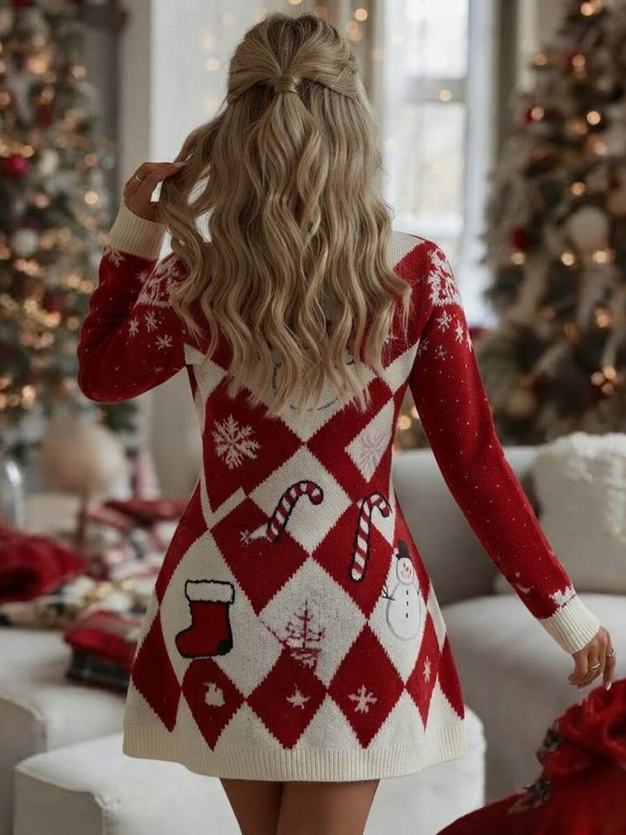Shop a red and white argyle snowman Christmas sweater dress for women. A festive choice for holiday parties, family gatherings, and winter outings.