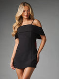 Front view of black off-shoulder mini bodycon dress with folded neckline and slim straps
