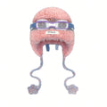 Front view of pink fuzzy aviator hat with purple-trimmed goggles and braided earflap ties