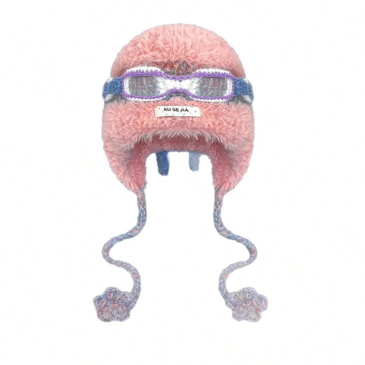 Front view of pink fuzzy aviator hat with purple-trimmed goggles and braided earflap ties