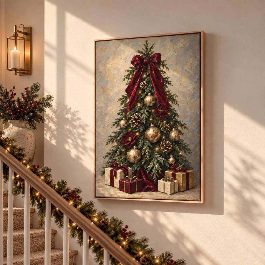 Christmas Tree Canvas Wall Art with Red Bow