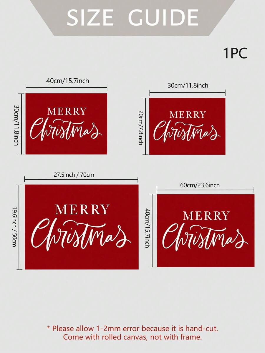 Size guide for red Merry Christmas canvas showing four landscape dimensions and noting rolled canvas, not framed