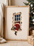 Large framed Santa window canvas leaning beside a decorated Christmas tree and gifts