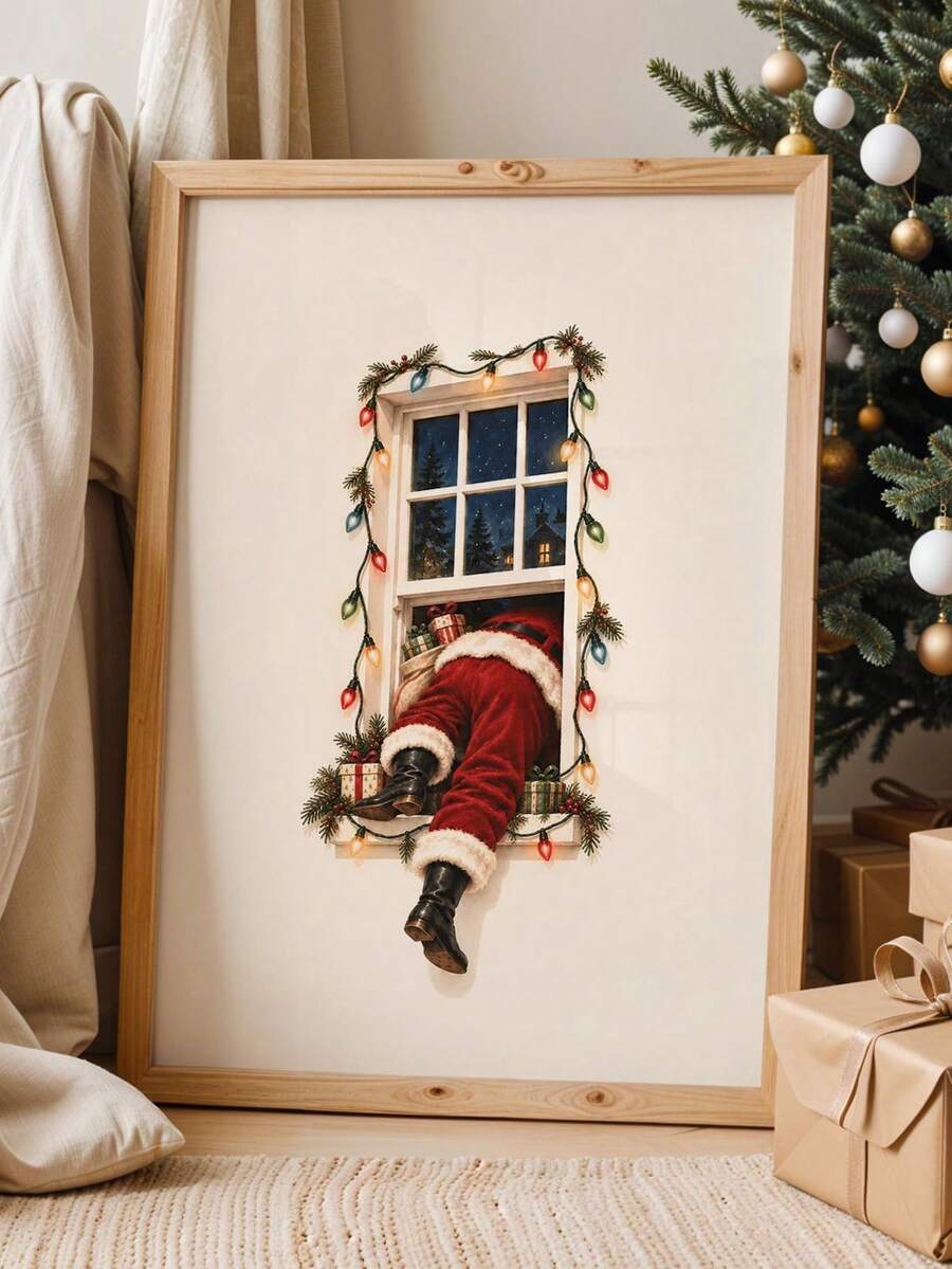 Large framed Santa window canvas leaning beside a decorated Christmas tree and gifts