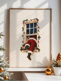 Santa climbing through a decorated window canvas in a bright room beside a Christmas tree